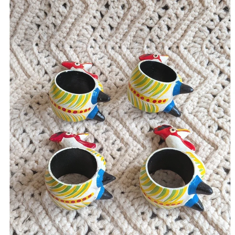 Vintage Hand Painted Rooster Napkin Rings‎ Set of 4 Folk Art Farmhouse Decor